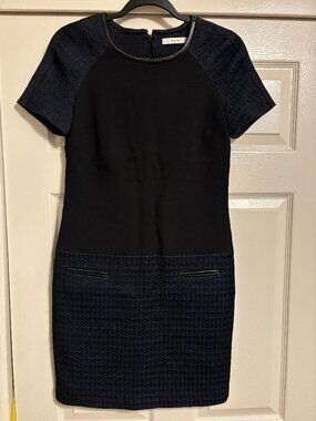 ZAPA Paris Black Navy Jacquard Shift Dress Leather Trim Size 38 (US 6)
